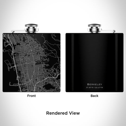 Rendered View of Berkeley California Map Engraving on 6oz Stainless Steel Flask in Black