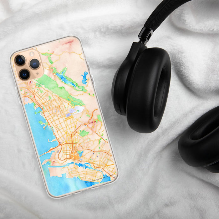 Custom Berkeley California Map Phone Case in Watercolor on Table with Black Headphones
