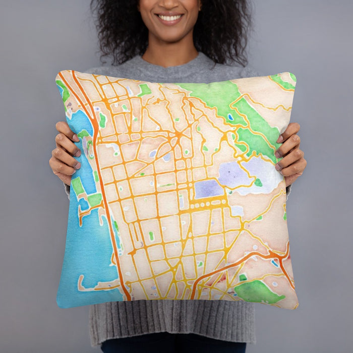 Person holding 18x18 Custom Berkeley California Map Throw Pillow in Watercolor