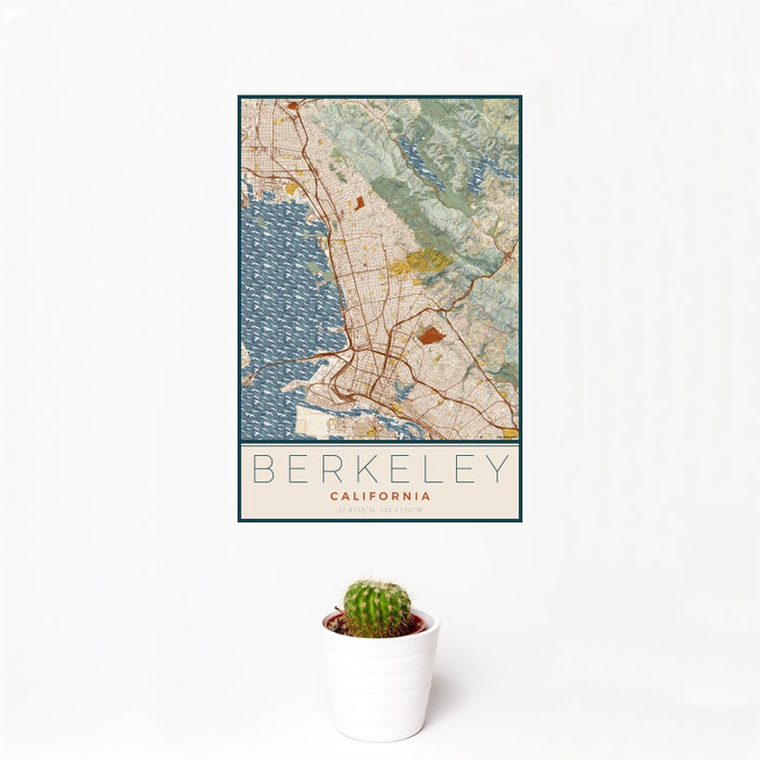 12x18 Berkeley California Map Print Portrait Orientation in Woodblock Style With Small Cactus Plant in White Planter