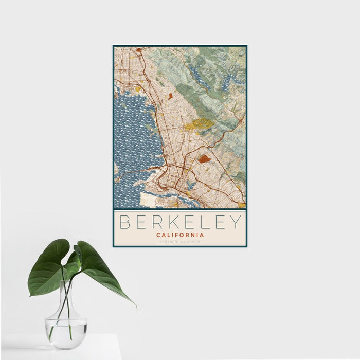 16x24 Berkeley California Map Print Portrait Orientation in Woodblock Style With Tropical Plant Leaves in Water