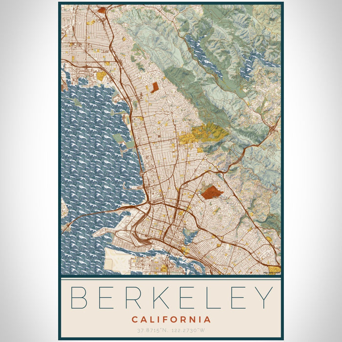 Berkeley California Map Print Portrait Orientation in Woodblock Style With Shaded Background