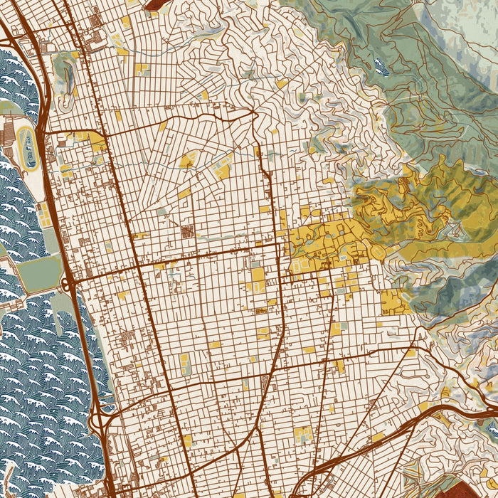 Berkeley California Map Print in Woodblock Style Zoomed In Close Up Showing Details