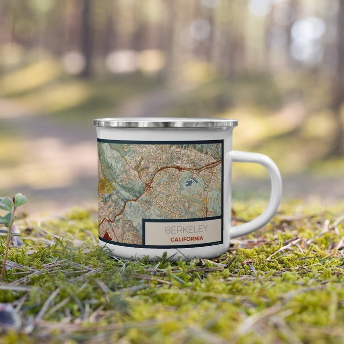 Right View Custom Berkeley California Map Enamel Mug in Woodblock on Grass With Trees in Background