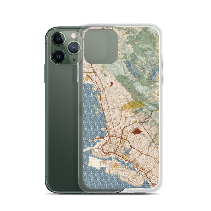 Custom Berkeley California Map Phone Case in Woodblock on Table with Laptop and Plant