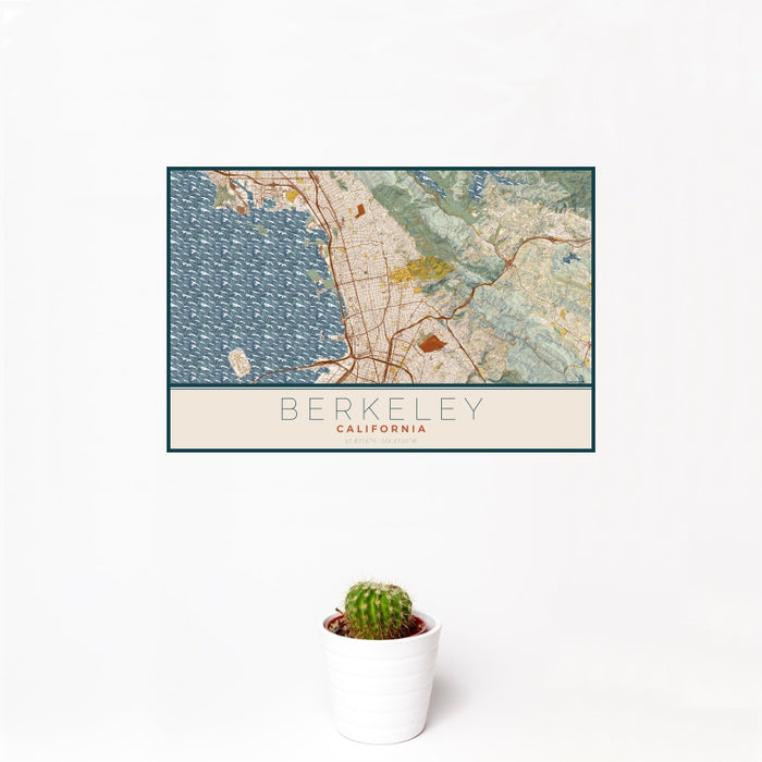 12x18 Berkeley California Map Print Landscape Orientation in Woodblock Style With Small Cactus Plant in White Planter
