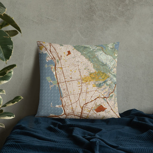 Custom Berkeley California Map Throw Pillow in Woodblock on Bedding Against Wall