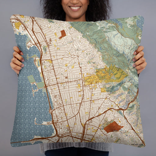 Person holding 22x22 Custom Berkeley California Map Throw Pillow in Woodblock