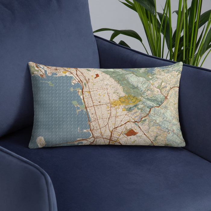 Custom Berkeley California Map Throw Pillow in Woodblock on Blue Colored Chair
