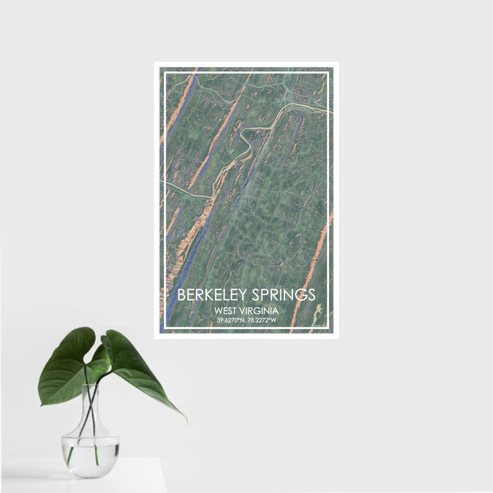 16x24 Berkeley Springs West Virginia Map Print Portrait Orientation in Afternoon Style With Tropical Plant Leaves in Water