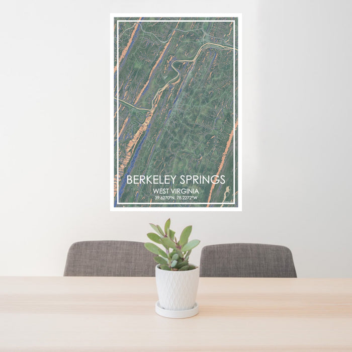 24x36 Berkeley Springs West Virginia Map Print Portrait Orientation in Afternoon Style Behind 2 Chairs Table and Potted Plant