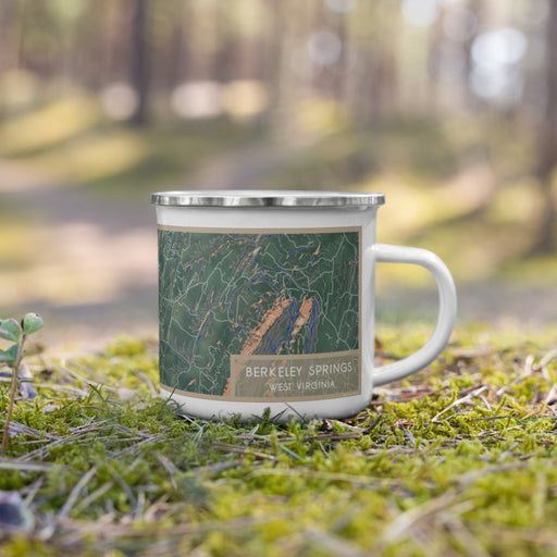 Right View Custom Berkeley Springs West Virginia Map Enamel Mug in Afternoon on Grass With Trees in Background