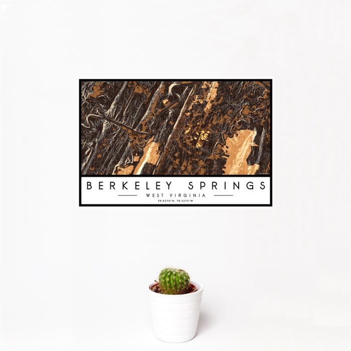 12x18 Berkeley Springs West Virginia Map Print Landscape Orientation in Ember Style With Small Cactus Plant in White Planter