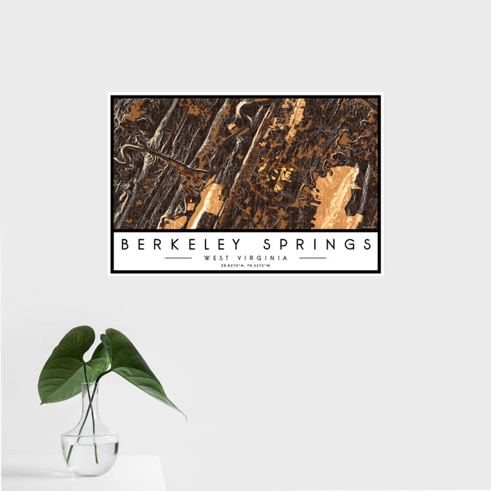 16x24 Berkeley Springs West Virginia Map Print Landscape Orientation in Ember Style With Tropical Plant Leaves in Water