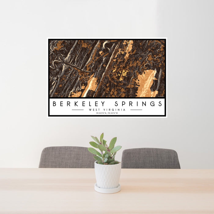 24x36 Berkeley Springs West Virginia Map Print Landscape Orientation in Ember Style Behind 2 Chairs Table and Potted Plant