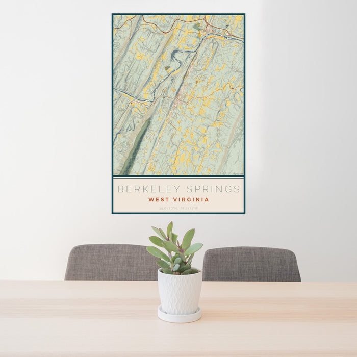 24x36 Berkeley Springs West Virginia Map Print Portrait Orientation in Woodblock Style Behind 2 Chairs Table and Potted Plant