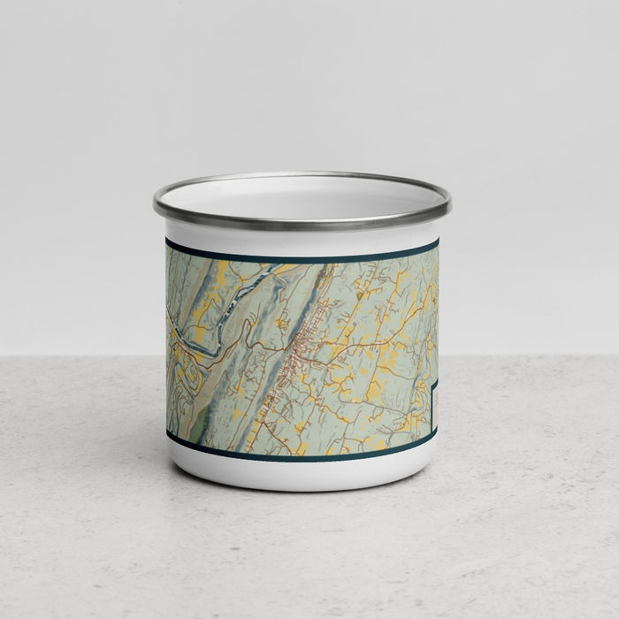 Front View Custom Berkeley Springs West Virginia Map Enamel Mug in Woodblock