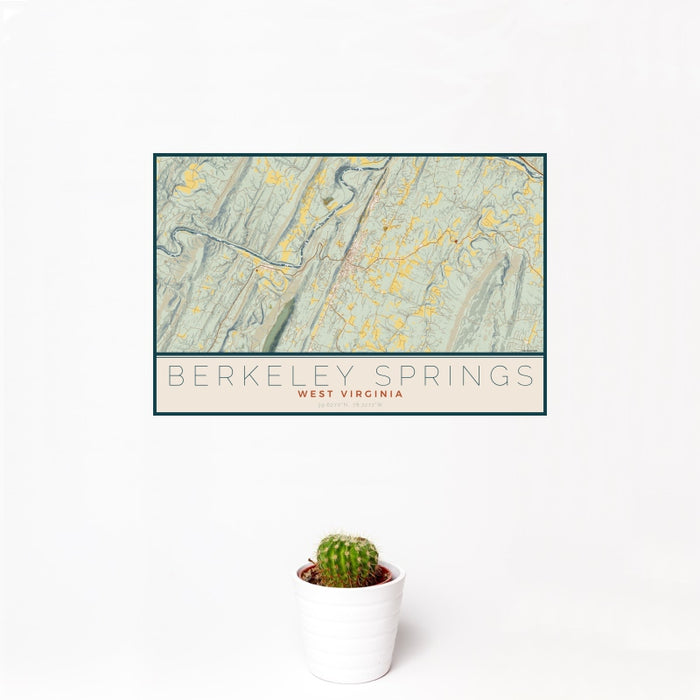12x18 Berkeley Springs West Virginia Map Print Landscape Orientation in Woodblock Style With Small Cactus Plant in White Planter