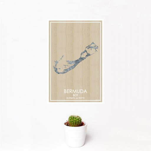 12x18 Bermuda BOT Map Print Portrait Orientation in Afternoon Style With Small Cactus Plant in White Planter