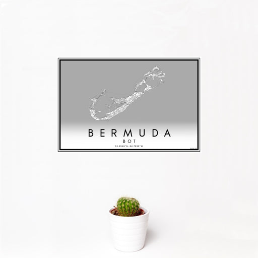 12x18 Bermuda BOT Map Print Landscape Orientation in Classic Style With Small Cactus Plant in White Planter