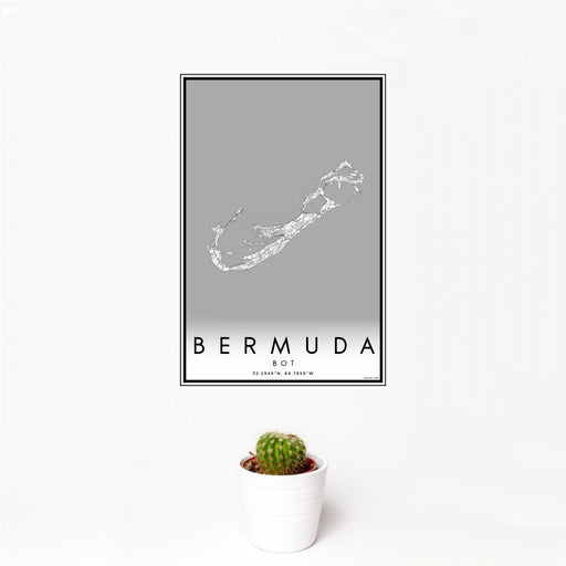 12x18 Bermuda BOT Map Print Portrait Orientation in Classic Style With Small Cactus Plant in White Planter