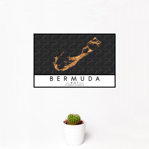 12x18 Bermuda BOT Map Print Landscape Orientation in Ember Style With Small Cactus Plant in White Planter