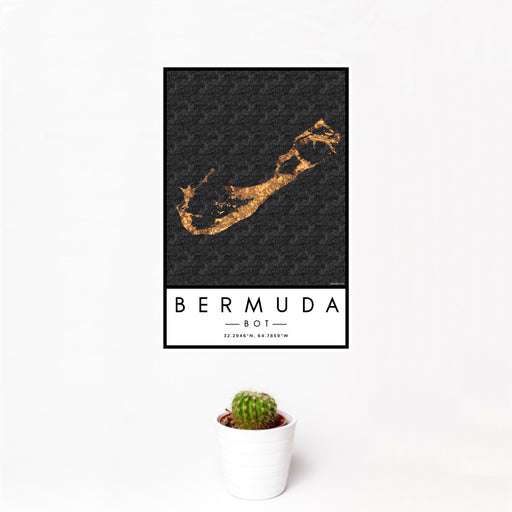 12x18 Bermuda BOT Map Print Portrait Orientation in Ember Style With Small Cactus Plant in White Planter