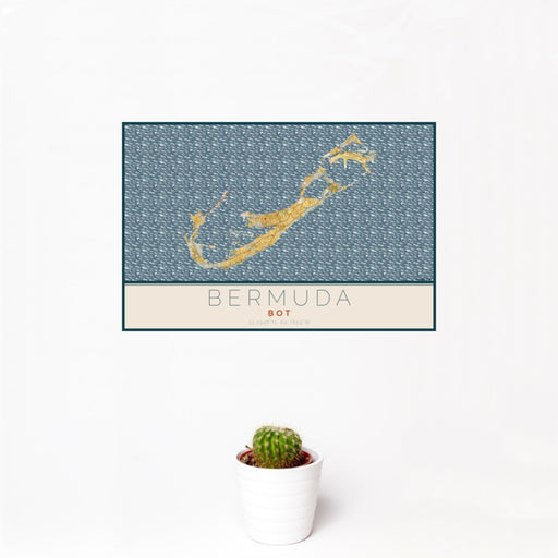 12x18 Bermuda BOT Map Print Landscape Orientation in Woodblock Style With Small Cactus Plant in White Planter