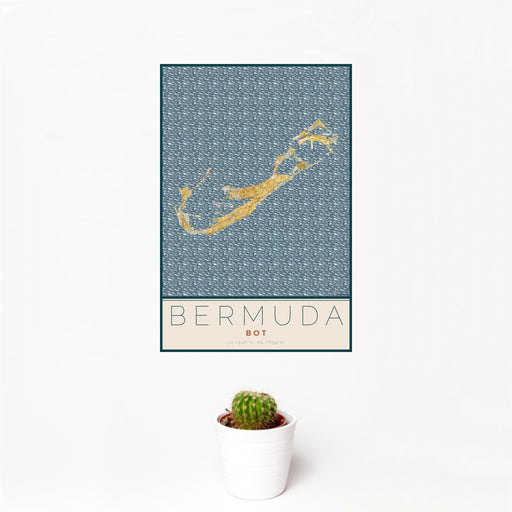 12x18 Bermuda BOT Map Print Portrait Orientation in Woodblock Style With Small Cactus Plant in White Planter