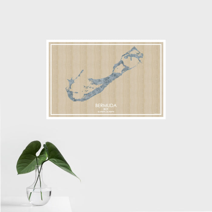 16x24 Bermuda BOT Map Print Landscape Orientation in Afternoon Style With Tropical Plant Leaves in Water