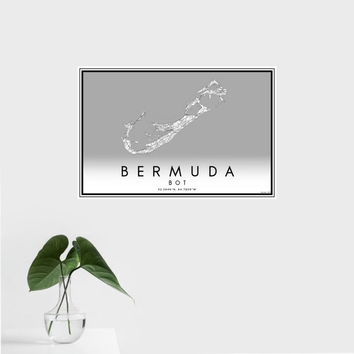 16x24 Bermuda BOT Map Print Landscape Orientation in Classic Style With Tropical Plant Leaves in Water