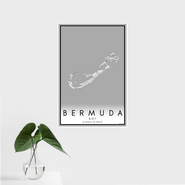 16x24 Bermuda BOT Map Print Portrait Orientation in Classic Style With Tropical Plant Leaves in Water