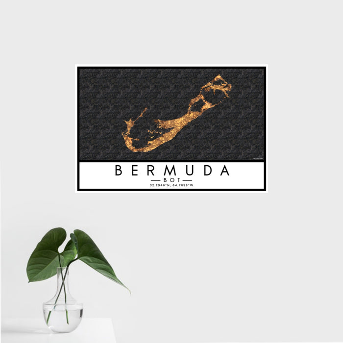 16x24 Bermuda BOT Map Print Landscape Orientation in Ember Style With Tropical Plant Leaves in Water