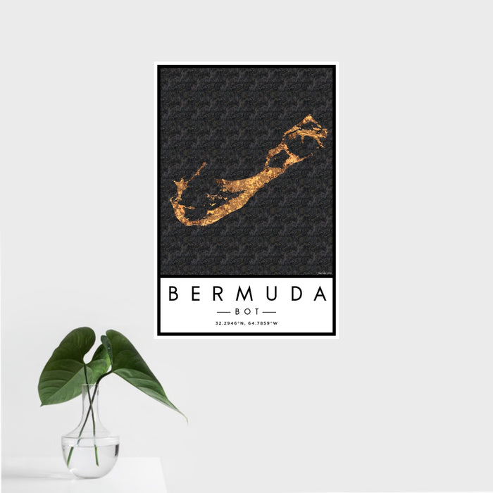 16x24 Bermuda BOT Map Print Portrait Orientation in Ember Style With Tropical Plant Leaves in Water