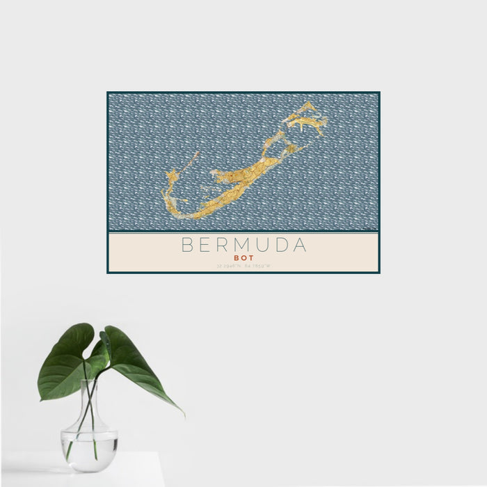 16x24 Bermuda BOT Map Print Landscape Orientation in Woodblock Style With Tropical Plant Leaves in Water