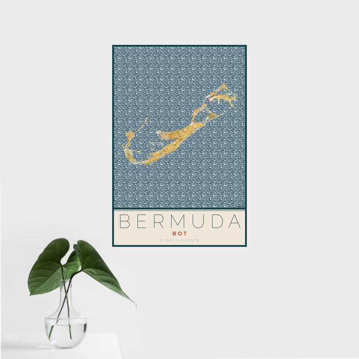 16x24 Bermuda BOT Map Print Portrait Orientation in Woodblock Style With Tropical Plant Leaves in Water