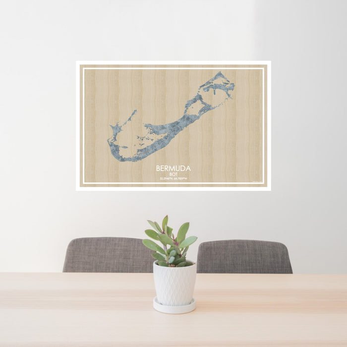 24x36 Bermuda BOT Map Print Lanscape Orientation in Afternoon Style Behind 2 Chairs Table and Potted Plant