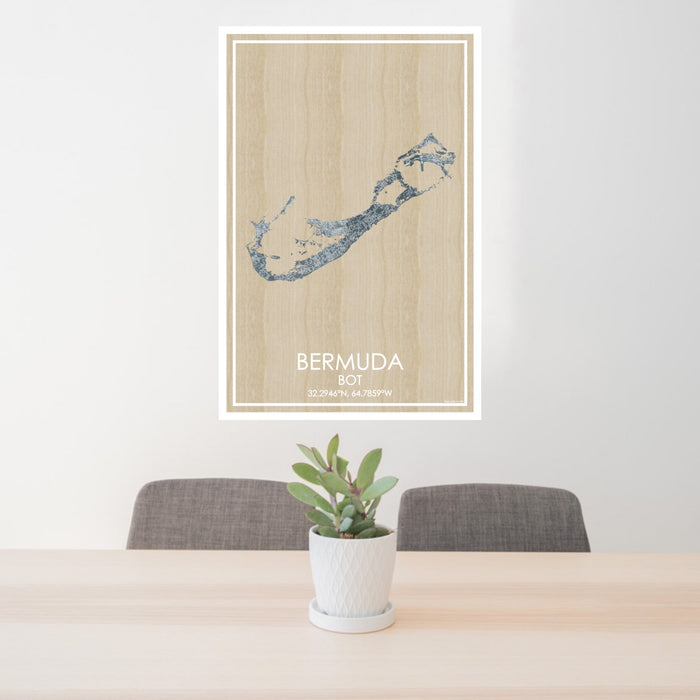 24x36 Bermuda BOT Map Print Portrait Orientation in Afternoon Style Behind 2 Chairs Table and Potted Plant