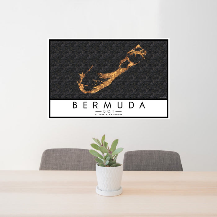 24x36 Bermuda BOT Map Print Lanscape Orientation in Ember Style Behind 2 Chairs Table and Potted Plant