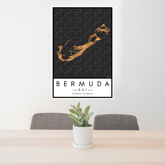 24x36 Bermuda BOT Map Print Portrait Orientation in Ember Style Behind 2 Chairs Table and Potted Plant