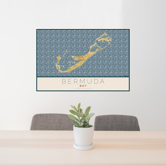 24x36 Bermuda BOT Map Print Lanscape Orientation in Woodblock Style Behind 2 Chairs Table and Potted Plant