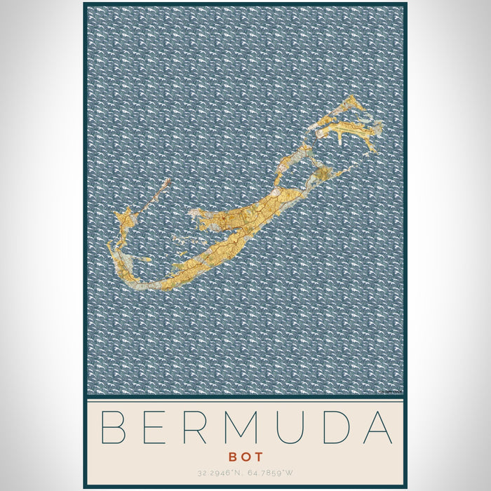 Bermuda BOT Map Print Portrait Orientation in Woodblock Style With Shaded Background