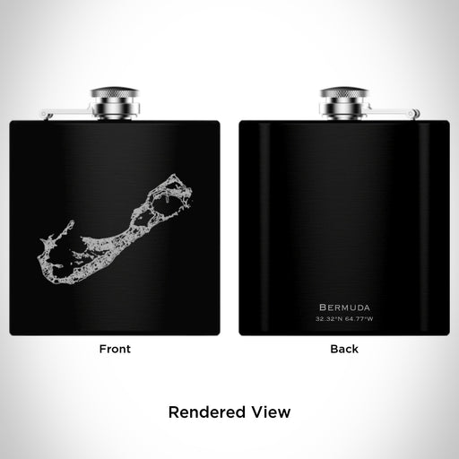 Rendered View of Bermuda British Overseas Territories Map Engraving on 6oz Stainless Steel Flask in Black