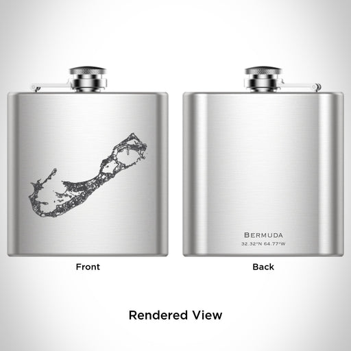 Rendered View of Bermuda British Overseas Territories Map Engraving on 6oz Stainless Steel Flask