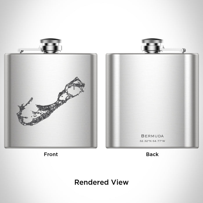 Rendered View of Bermuda British Overseas Territories Map Engraving on 6oz Stainless Steel Flask