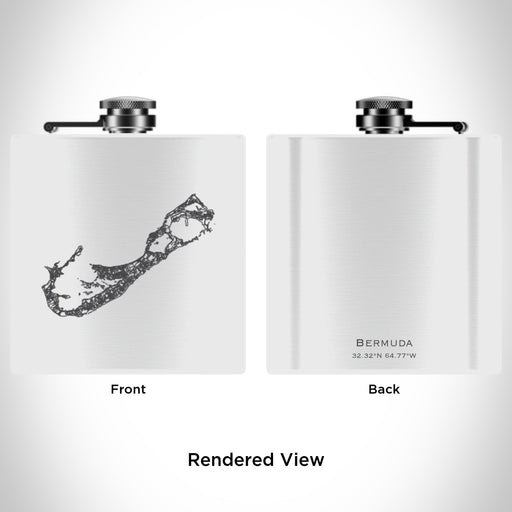 Rendered View of Bermuda British Overseas Territories Map Engraving on 6oz Stainless Steel Flask in White