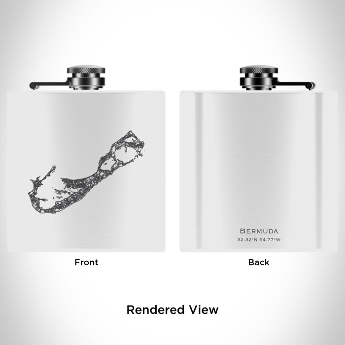 Rendered View of Bermuda British Overseas Territories Map Engraving on 6oz Stainless Steel Flask in White