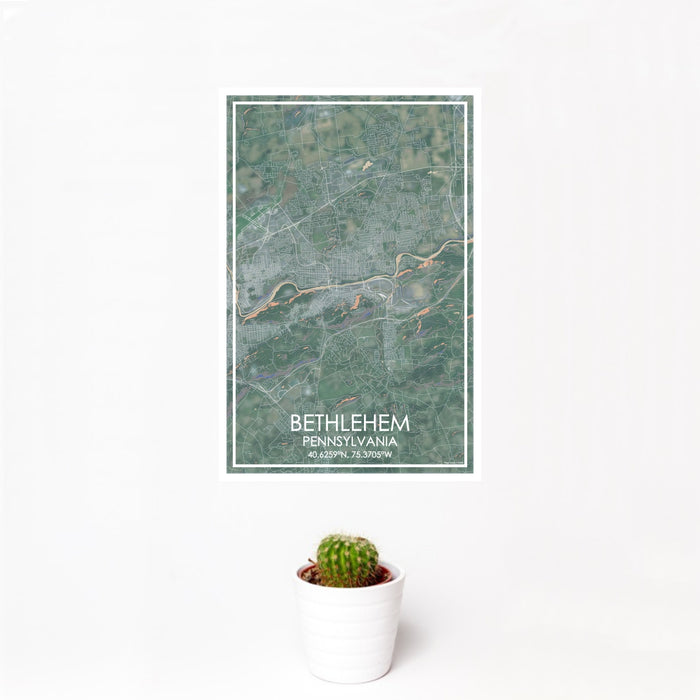 12x18 Bethlehem Pennsylvania Map Print Portrait Orientation in Afternoon Style With Small Cactus Plant in White Planter