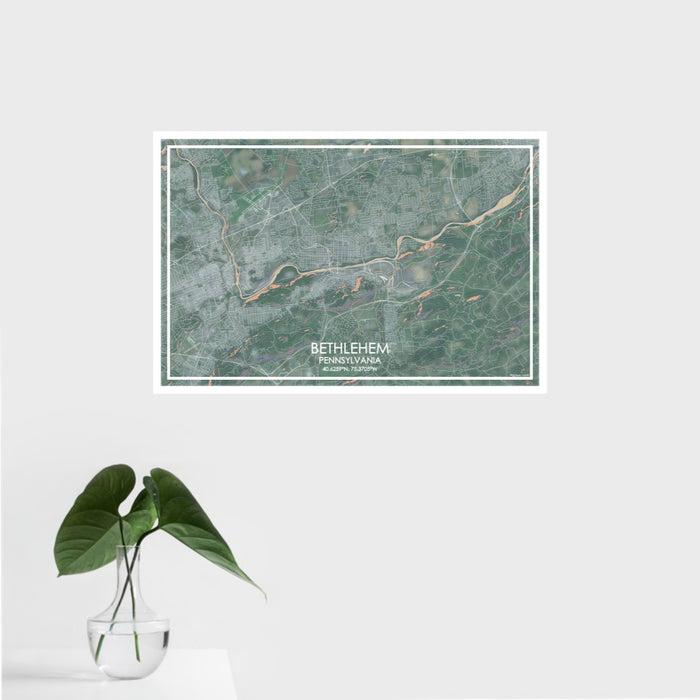 16x24 Bethlehem Pennsylvania Map Print Landscape Orientation in Afternoon Style With Tropical Plant Leaves in Water