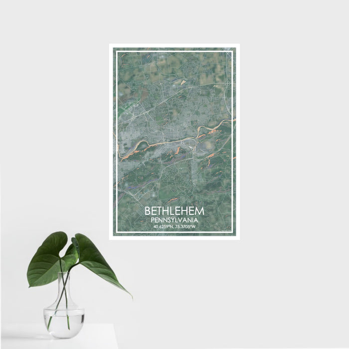 16x24 Bethlehem Pennsylvania Map Print Portrait Orientation in Afternoon Style With Tropical Plant Leaves in Water